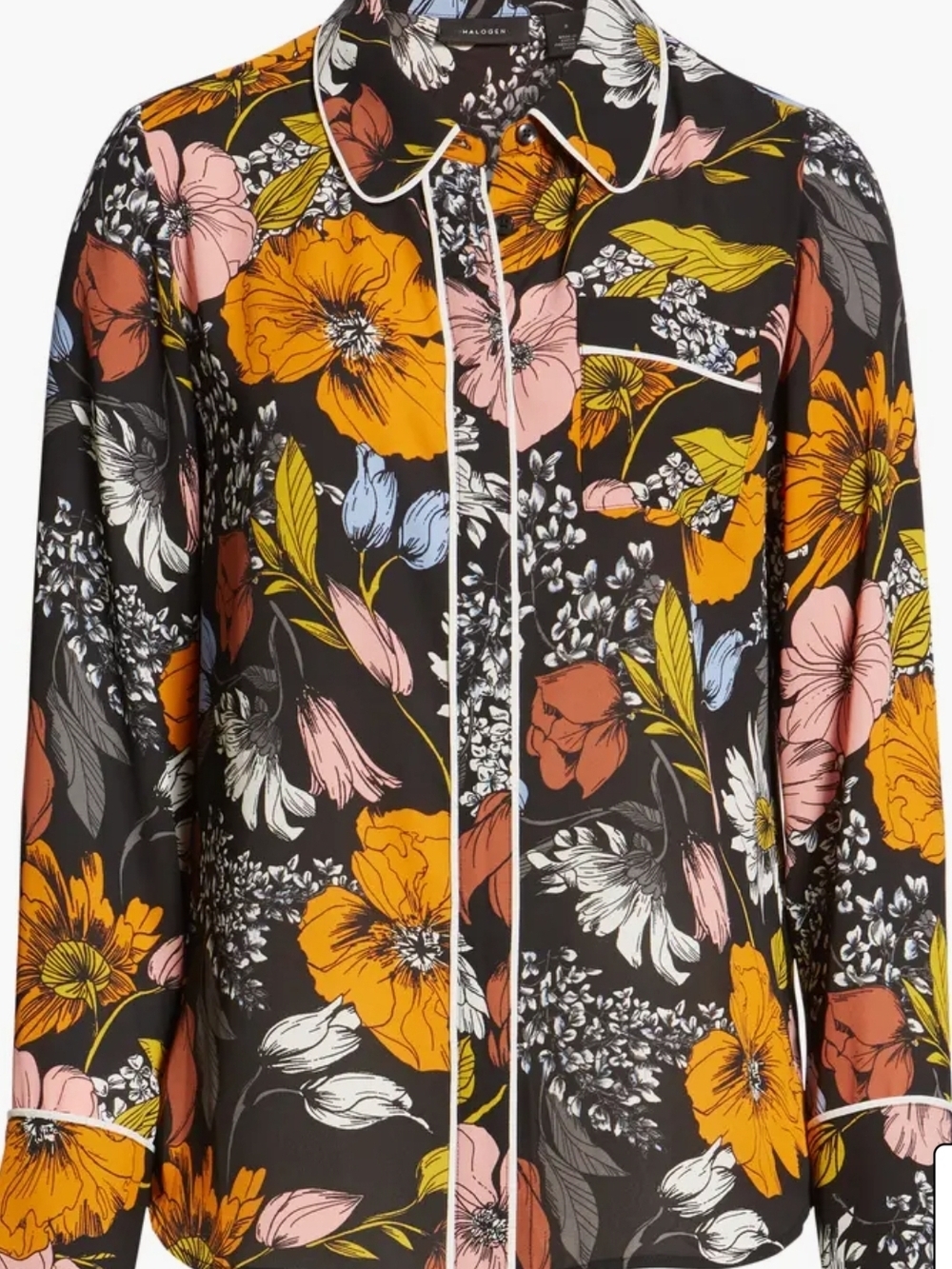 Halogen X Atlantic Pacific Button-Up Floral Blouse with Contrast Piping Size Med